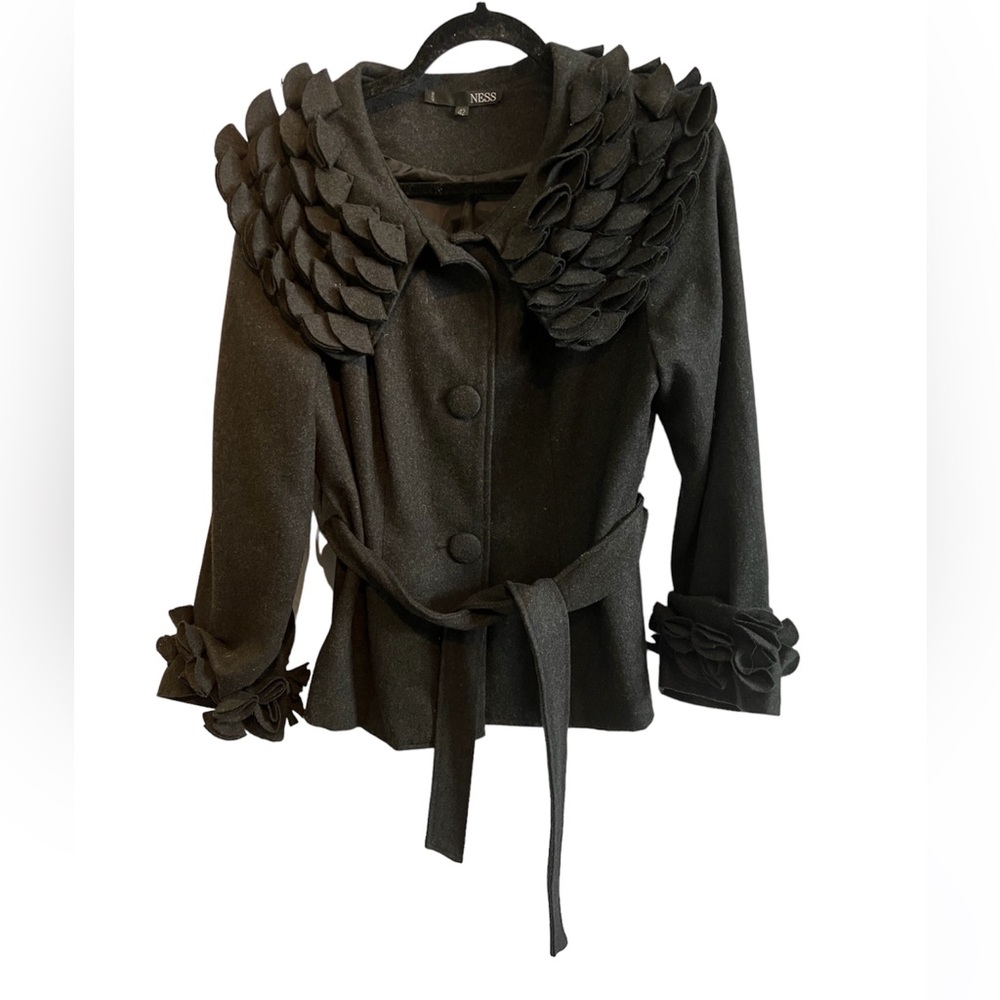 Ruffled Wool Blend Dress Coat - Lined
